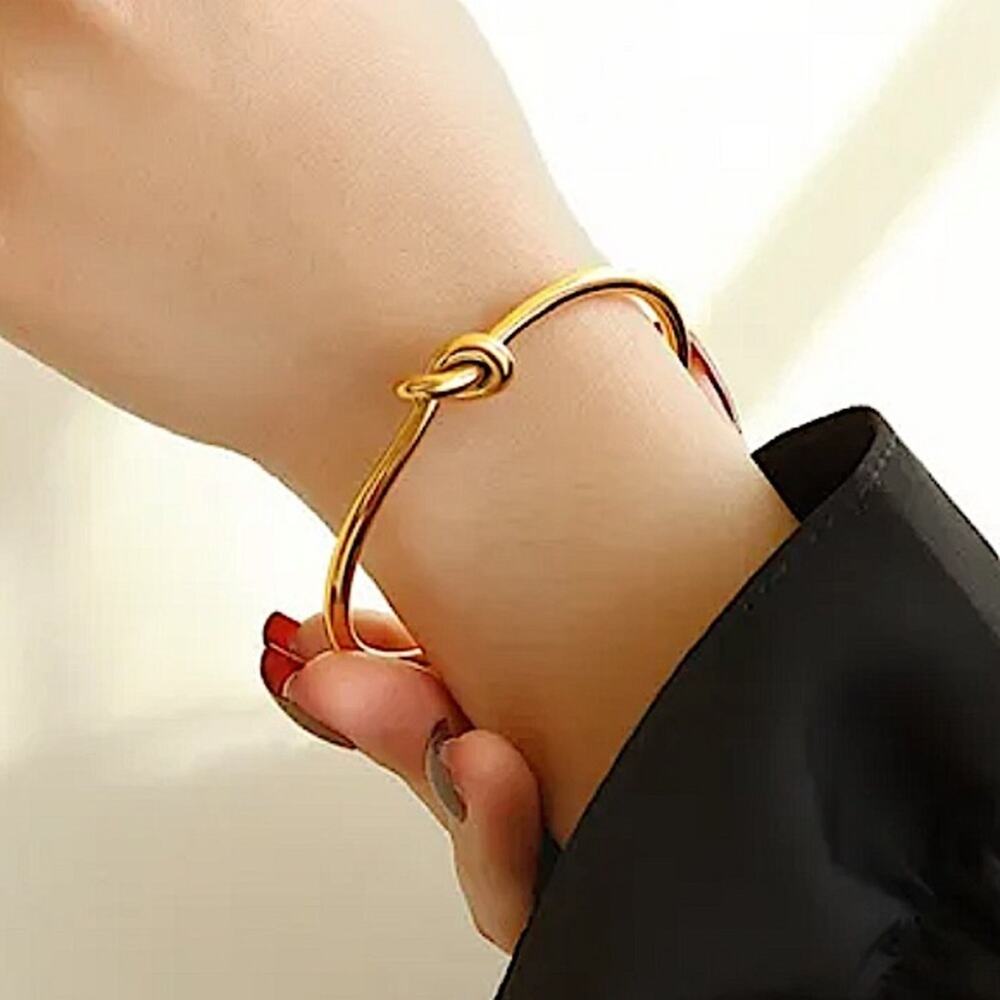 Knot Tie Gold Plated Bangle Cuff Bracelet - Picture 2 of 15